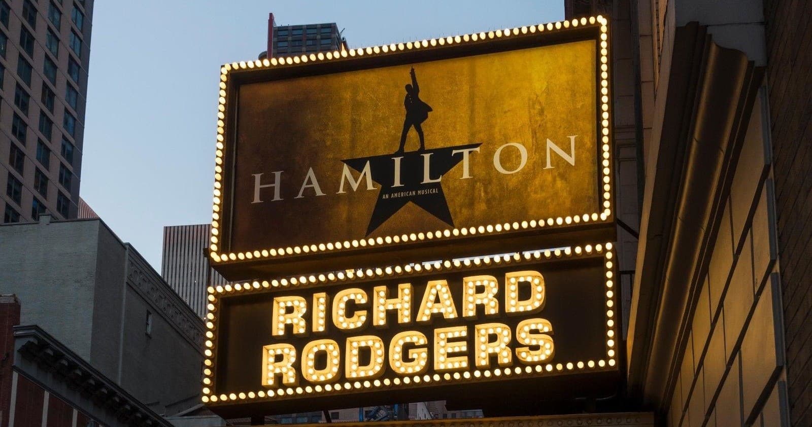 Hamilton theater marquee at Richard Rodgers sign in city nightlife