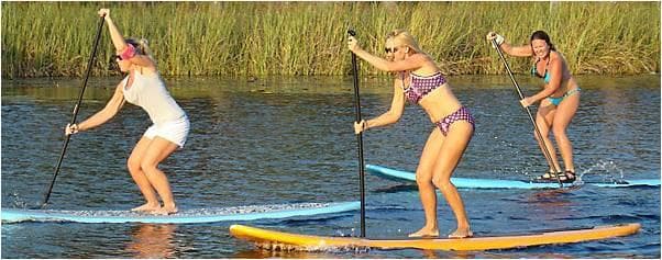 Three people paddleboarding together on calm coastal inlet