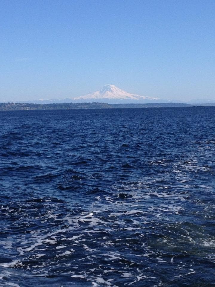 Scenic open ocean with distant snow-capped mountain, ideal for kayaking