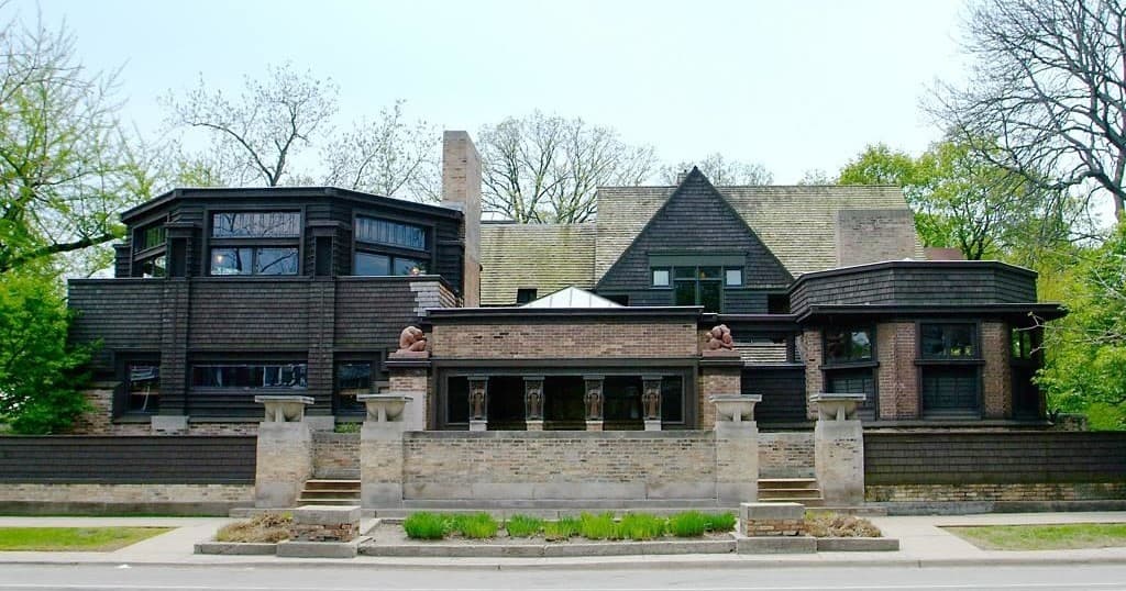 Frank Lloyd Wright Taliesin exterior facade on manicured grounds