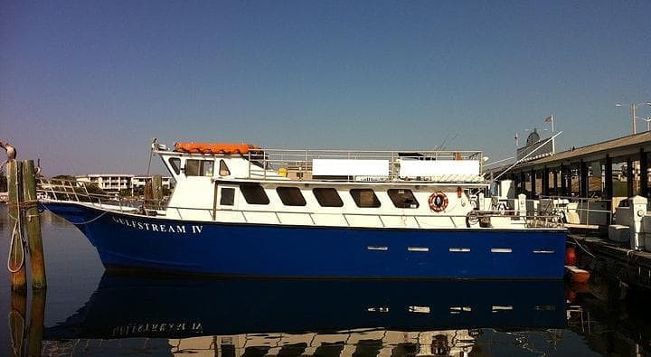 Blue charter boat docked at Key West marina under clear sky
