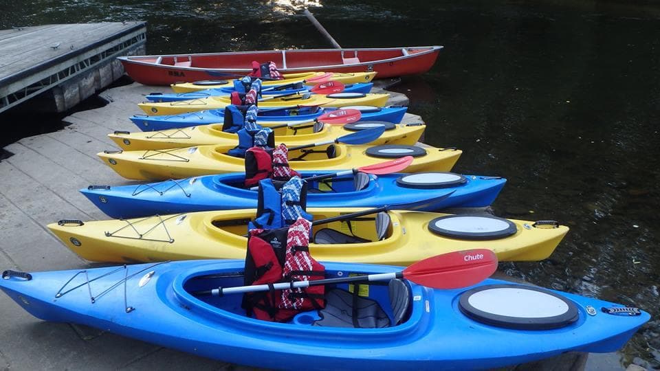 Colorful kayaks lined on dock ready for guided river adventures