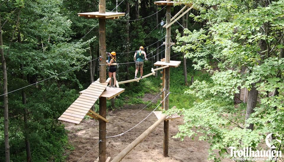 Forest aerial adventure course platforms and suspended bridges