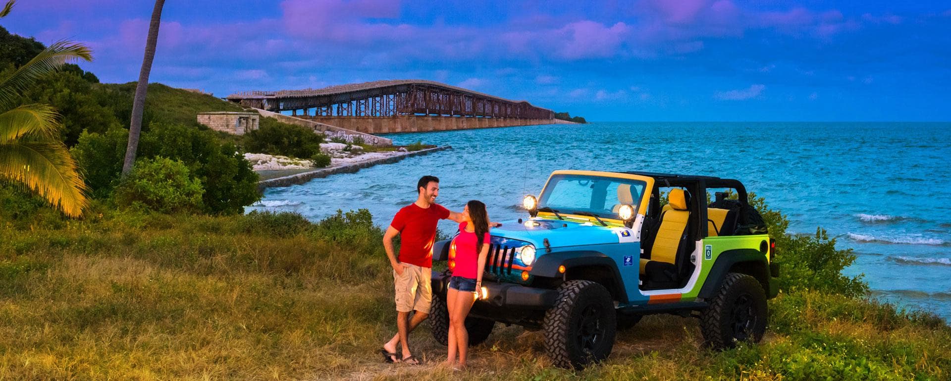 Jeep near crystal ocean waters on a scenic Key West coastal drive