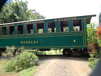 Green Hanalei railcar on Kauai plantation train tour