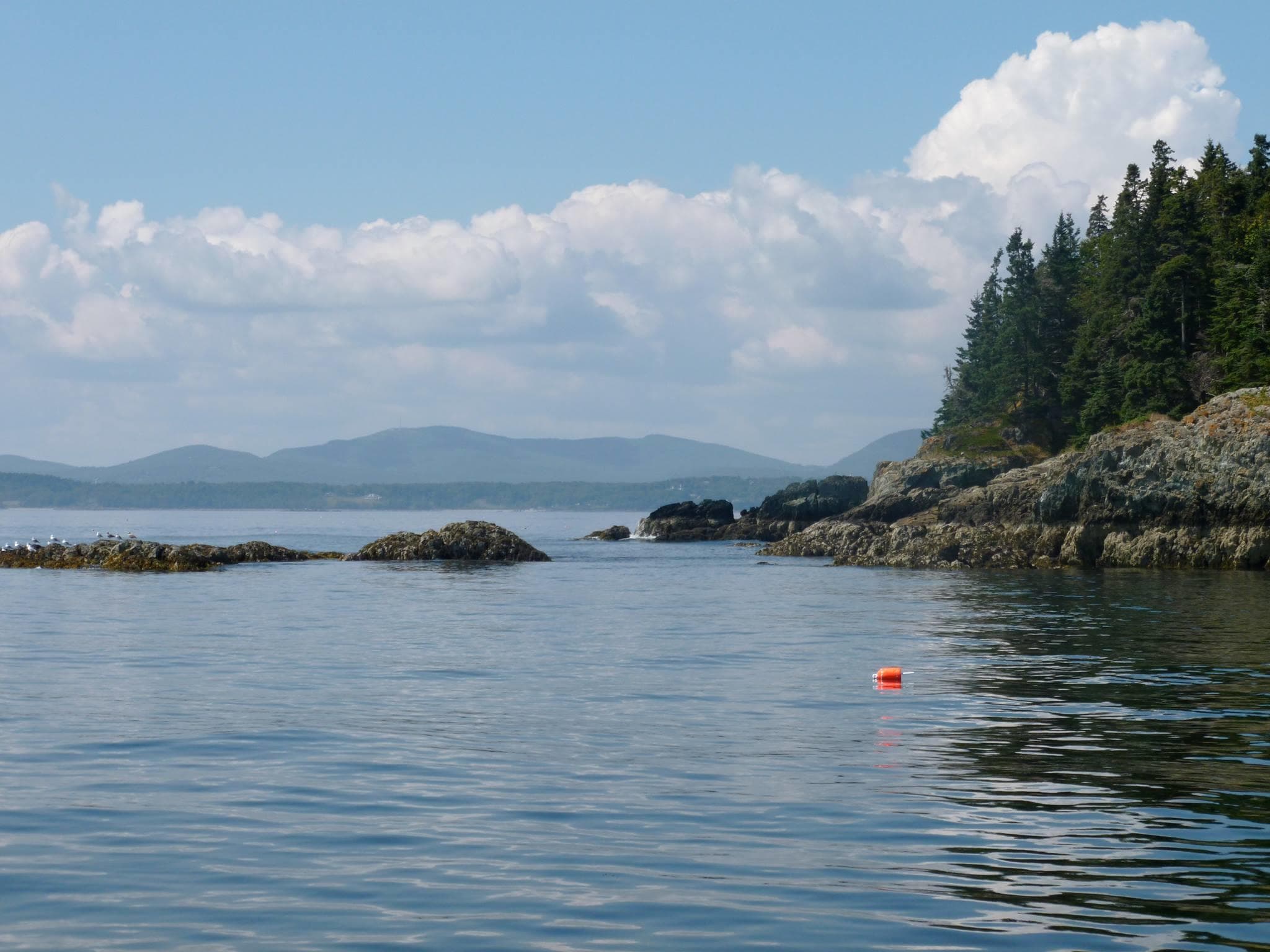 Rocky coastline and calm bay with island views, serene