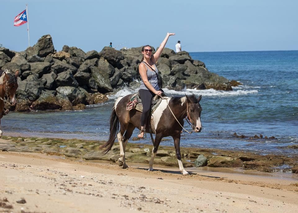 Woman horseback riding along rocky ocean beach with flag
