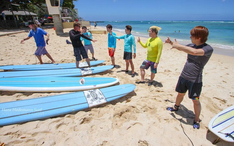 Group surf lesson on sandy beach paddling toward surfboards