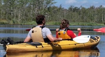 Two kayakers paddling a yellow tandem kayak on calm estuary