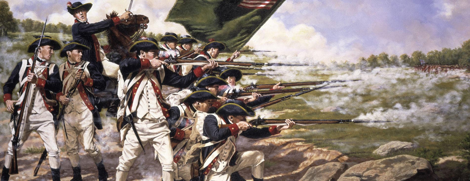 Revolutionary War soldiers firing muskets in battle painting