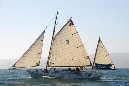 Traditional schooner sailing in open ocean near coastal California