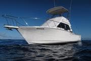 Sportfishing yacht cruising calm open ocean, scenic charter