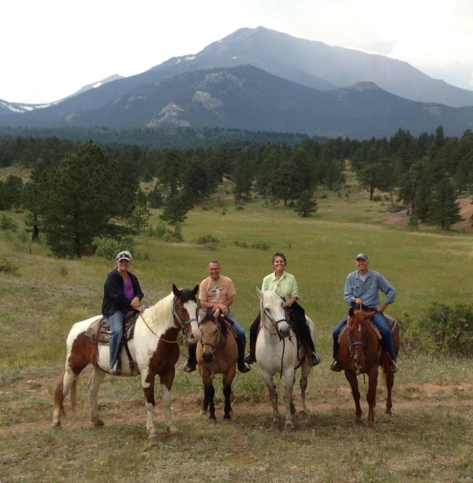 Four riders on mountain trail with pine forest and peaks