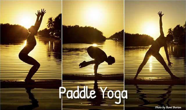 Sunset paddle yoga silhouettes on calm water, serene practice