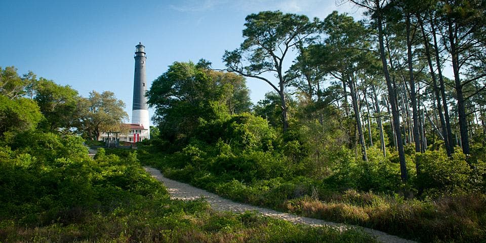 Woodland path leading to Pensacola Lighthouse amid dunes