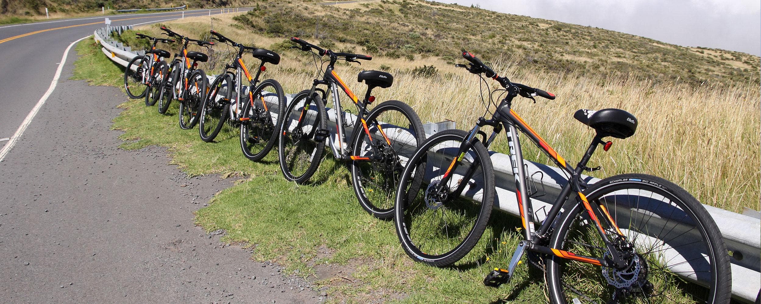 Parked mountain bikes lined up along Hana Highway overlook