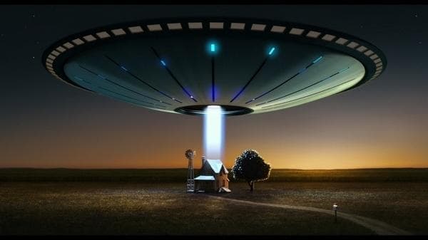 UFO hovering over rural highway at night, atmospheric sky