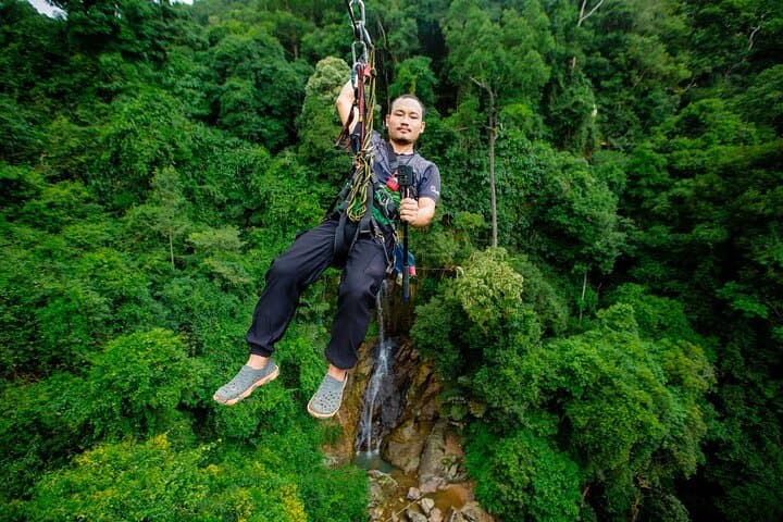 Koh Samui Jungle Zipline & Tree Bridge Cafe — Zipline with Waterfall Views